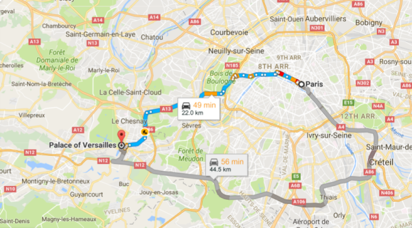 Distância entre Paris e Versailles (Google Maps)